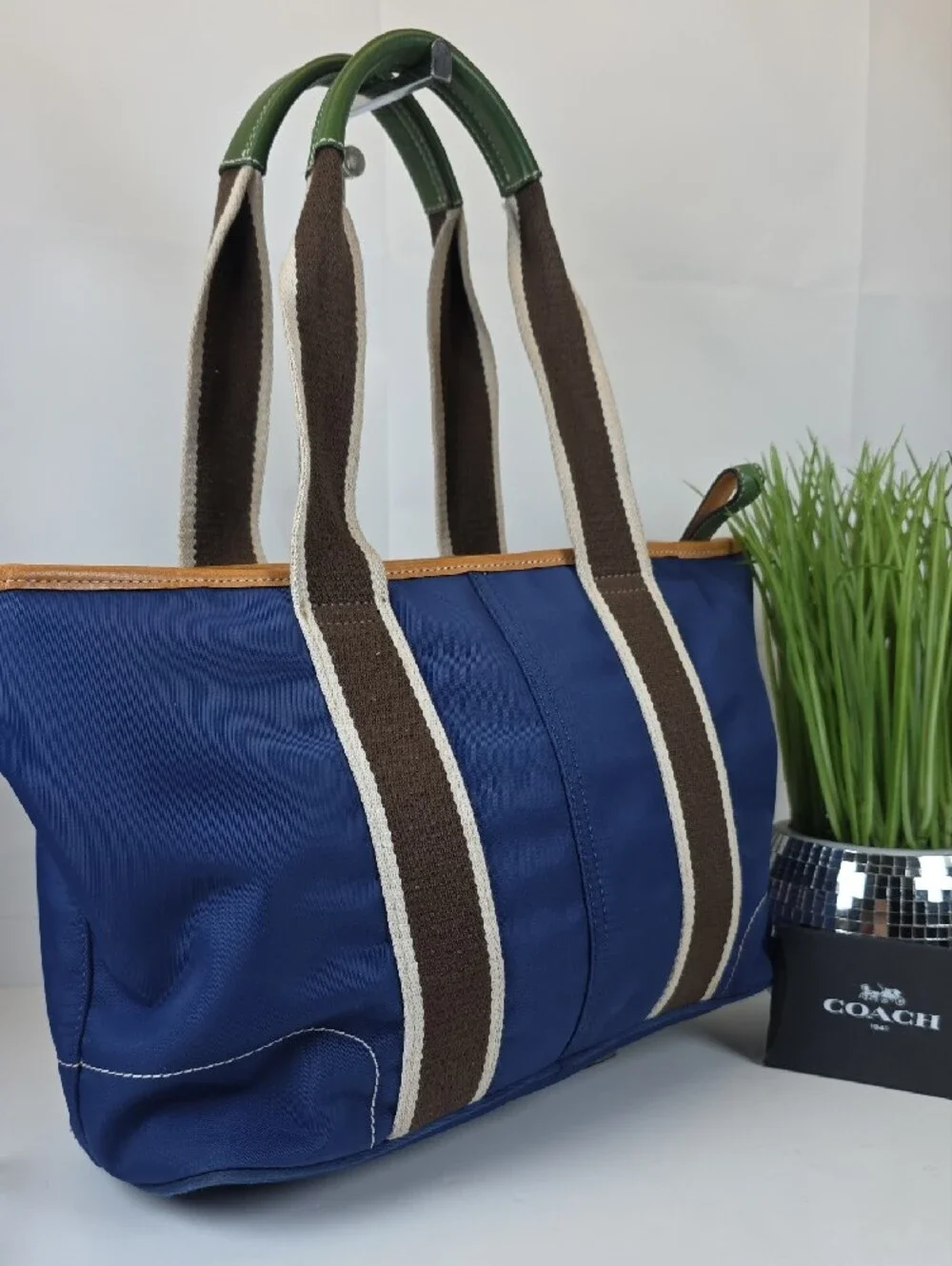 Coach Hampton Y2K Navy Canva Brown Cream Striped Web Handles Green Trim Tote Bag